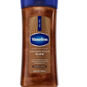 Vaseline Glazed and Glisten Golden Hour Body Gel Oil Glow Vanilla Cocoa Shimmering with Ultra-Hydrating Lipids and 100% Pure Cocoa Butter, 6.8 Oz